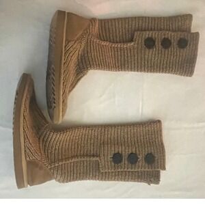 UGG Lattice Cardy 5819 Chestnut Brown Knit Tall Button Sweater Boots Womens 9